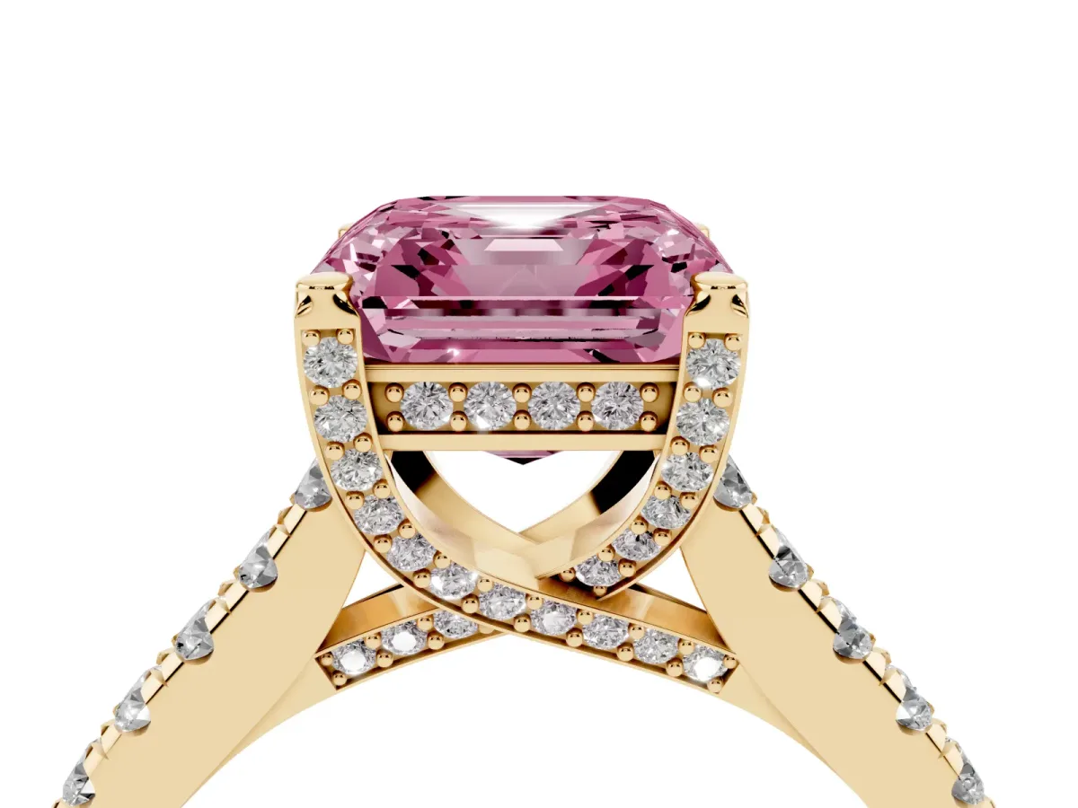 Fancy Pink Asscher Cut Brilliant Diamond Solitaire with Pavé Band and Four-Prong Setting Yellow gold