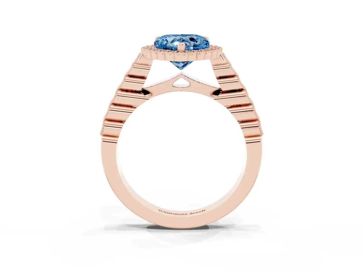 Fancy Blue Heart Cut Cut Halo Pavé Solitaire Ring with Milgrain Band Rose gold