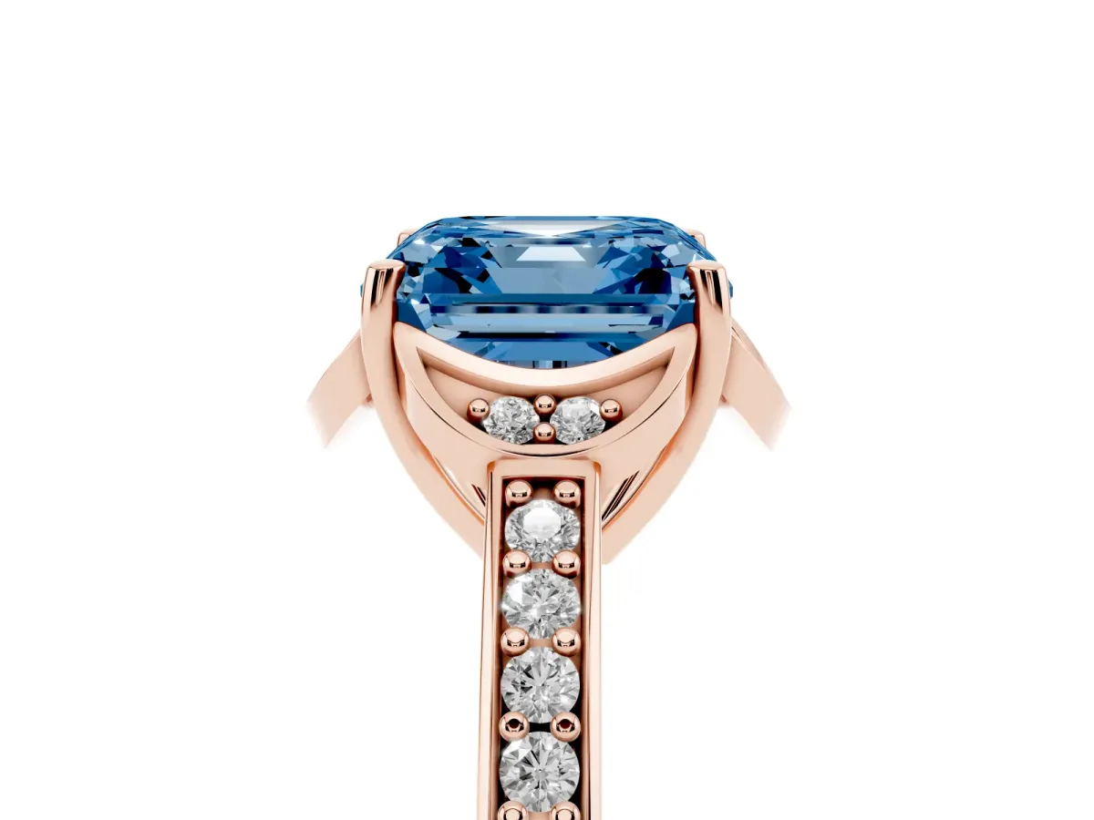Fancy Blue Asscher Cut Cut Halo Diamond Ring with Channel Set Band and Four-Prong Setting Rose gold