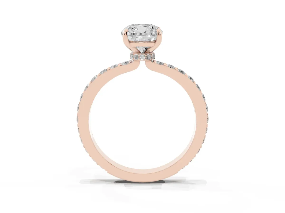 Cushion Cut Diamond Solitaire Engagement Ring with Pavé Band and Four-Prong Setting Rose gold