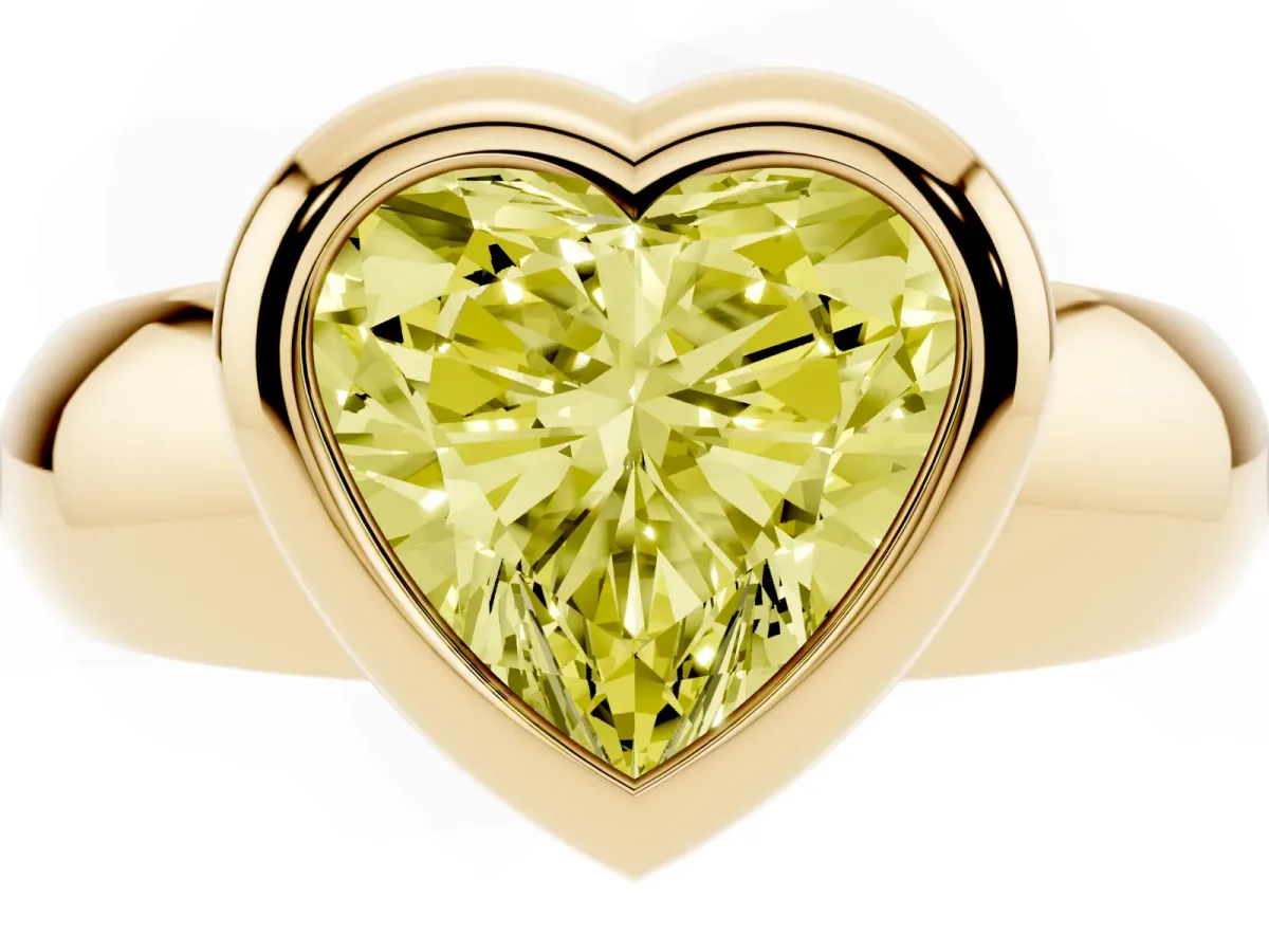 Fancy Yellow Bezel Set Heart Cut Solitaire Ring with Wide Band Yellow gold