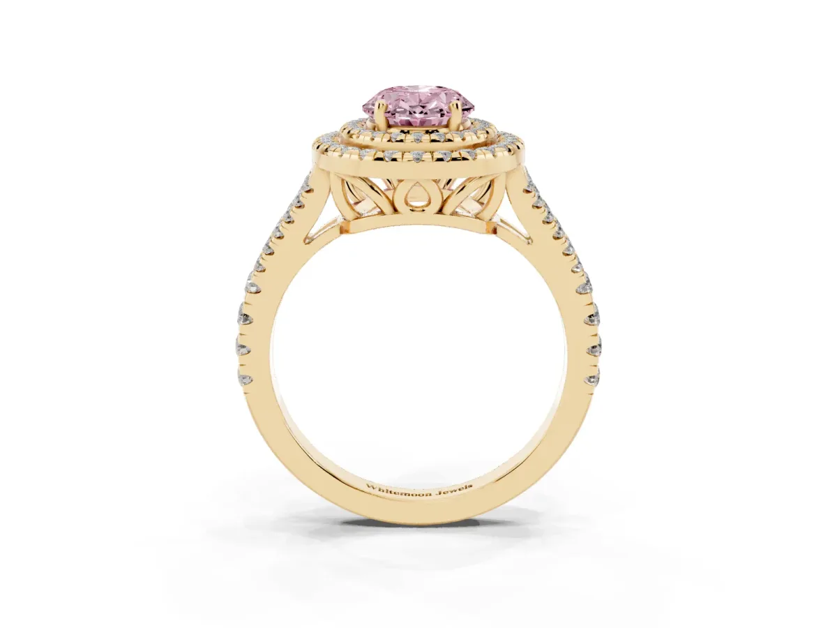 Fancy Pink Oval Cut Diamond Double Halo Ring with Pavé Band and Prong Setting Yellow gold
