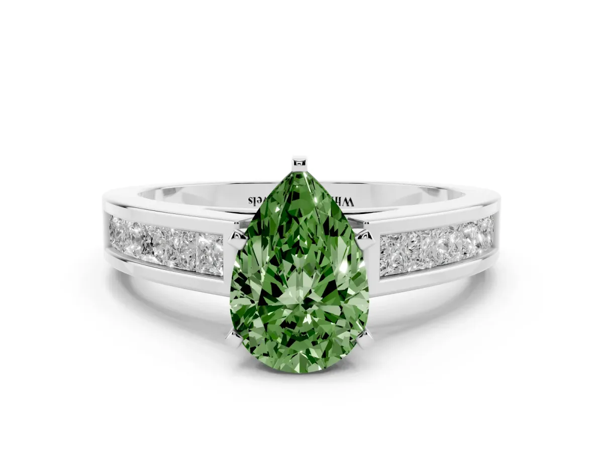 Fancy Green Pear Cut Solitaire Diamond Ring with Channel-Set Band and Four-Prong Setting Silver