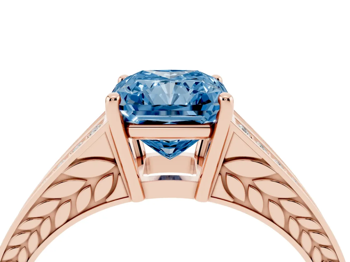 Fancy Blue Radiant Cut Diamond Split Shank Ring with Pavé Band and Four-Prong Setting Rose gold