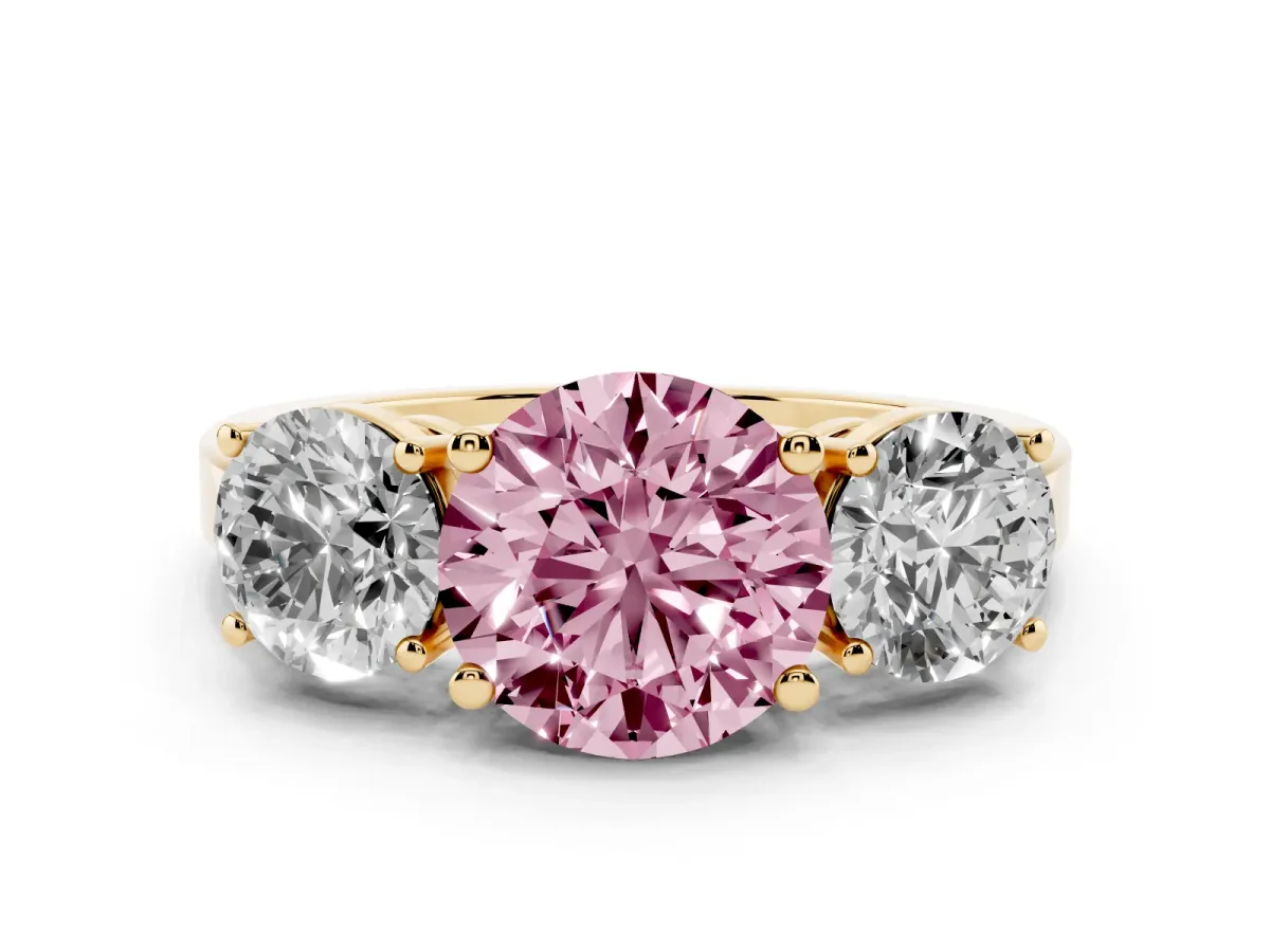 Fancy Pink Three-Stone Round Cut Cut Diamond Engagement Ring with Flat Band and Four-Prong Setting Yellow gold