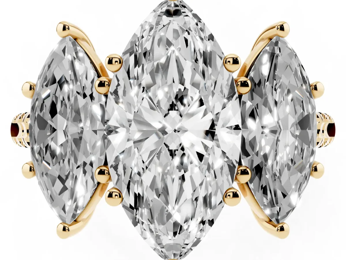 Three-Stone Marquise Cut Diamond Ring with Round Pavé Band and Prong Setting Yellow gold