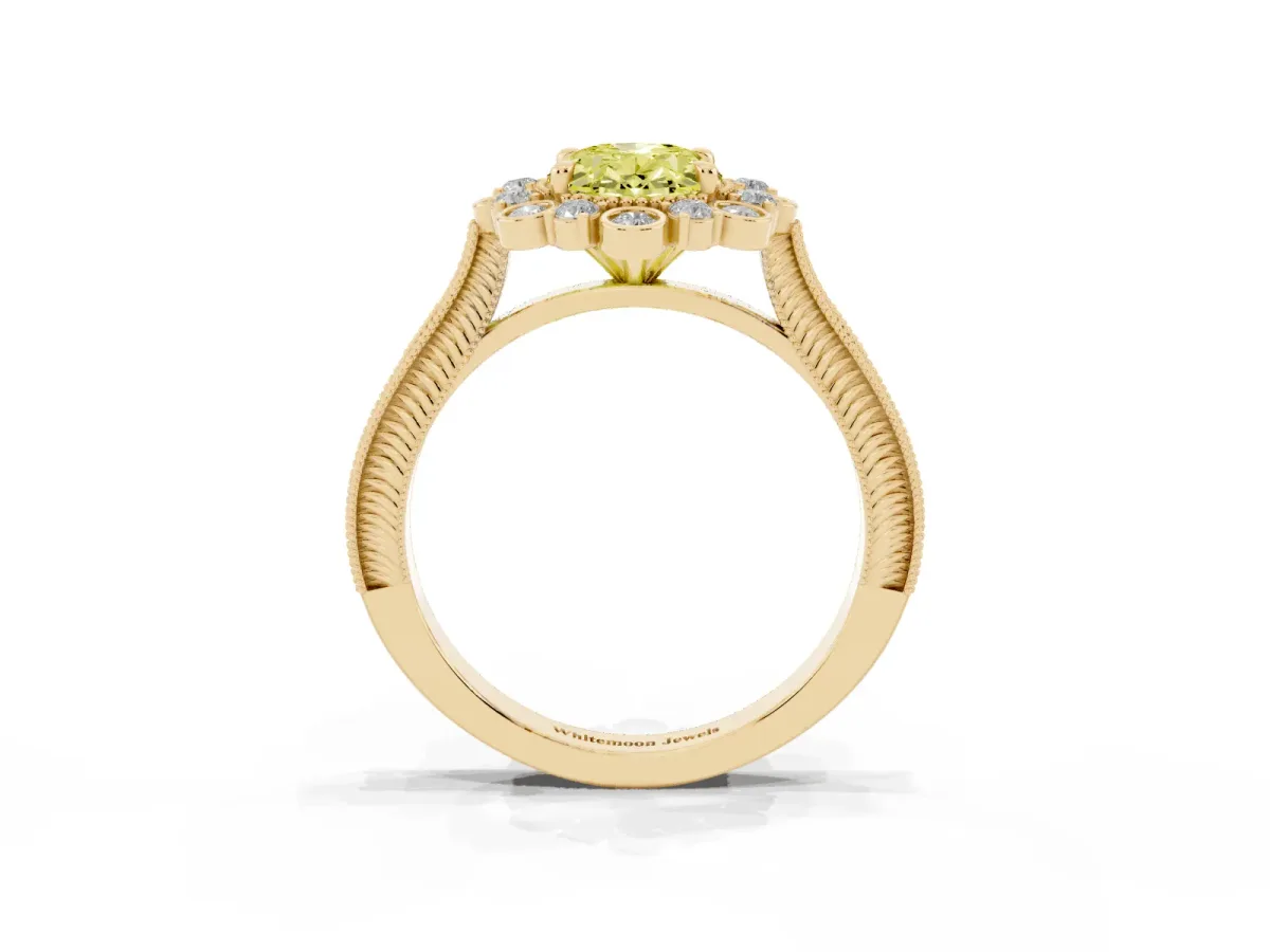 Fancy Yellow Oval Cut Halo Milgrain Pave Diamond Ring with Four-Prong Setting Yellow gold