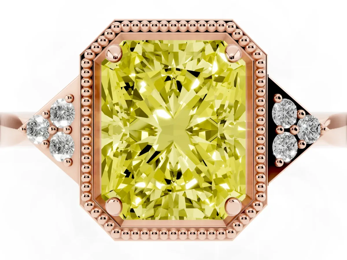 Fancy Yellow Hexagonal Halo Radiant Cut Diamond Solitaire with Pavé Band and Four-Prong Setting Rose gold