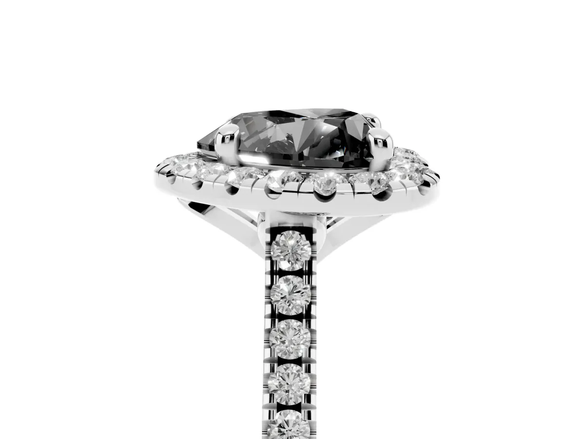 Fancy Black Heart Cut Diamond Cushion Halo Ring with Pavé Band Platinum