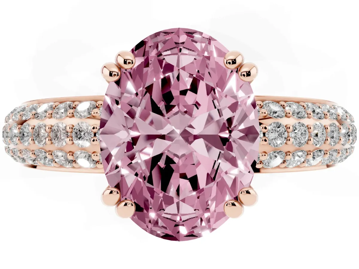 Fancy Pink Oval Cut Diamond Solitaire Ring with Multi-Row Round Pavé Band and Prong Setting Rose gold