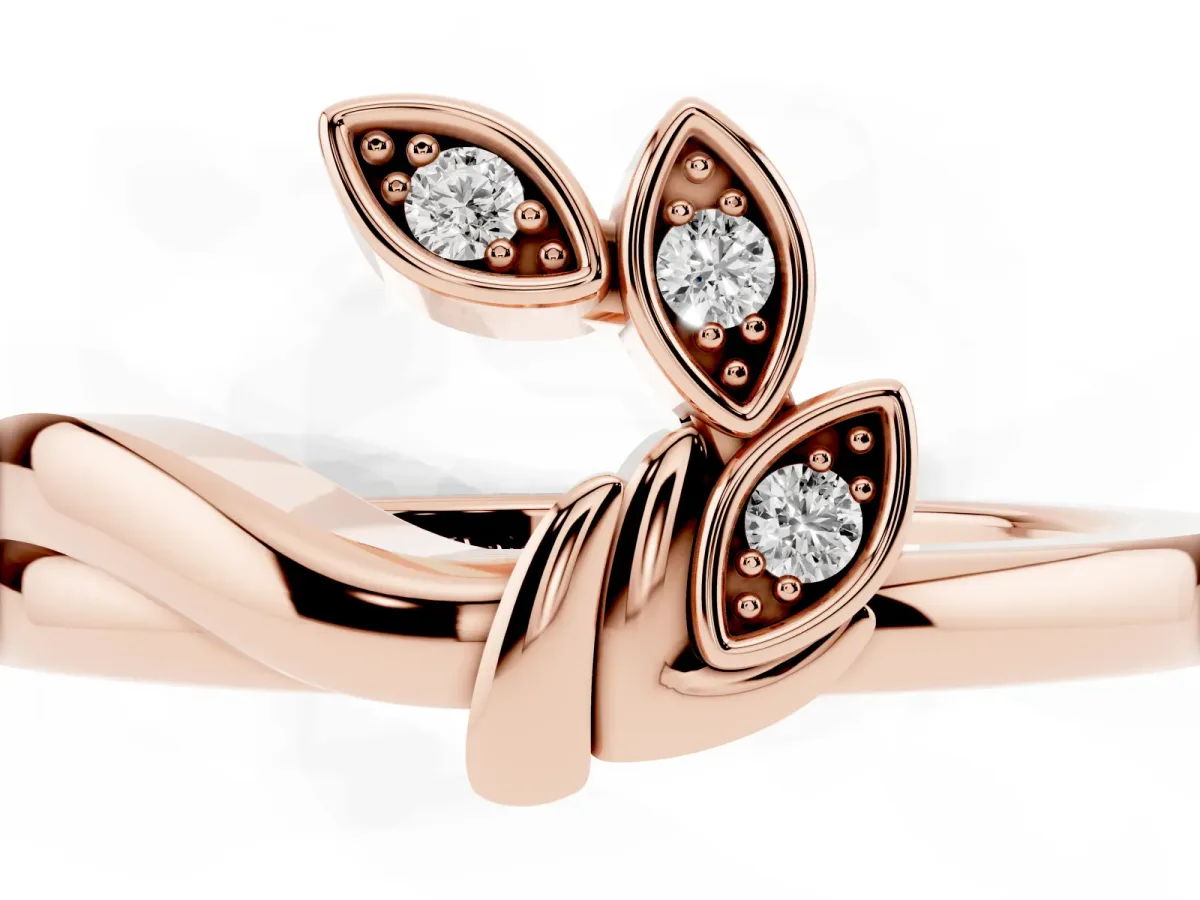 Three-Stone Round Diamond Leaf Bypass Ring with Bezel Setting Rose gold