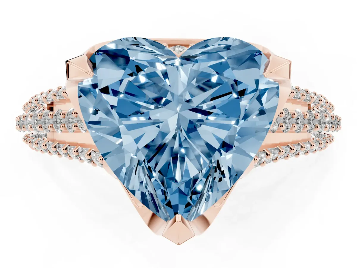 Fancy Blue Heart Cut Solitaire Pave Split Shank Ring with Four-Prong Setting Rose gold