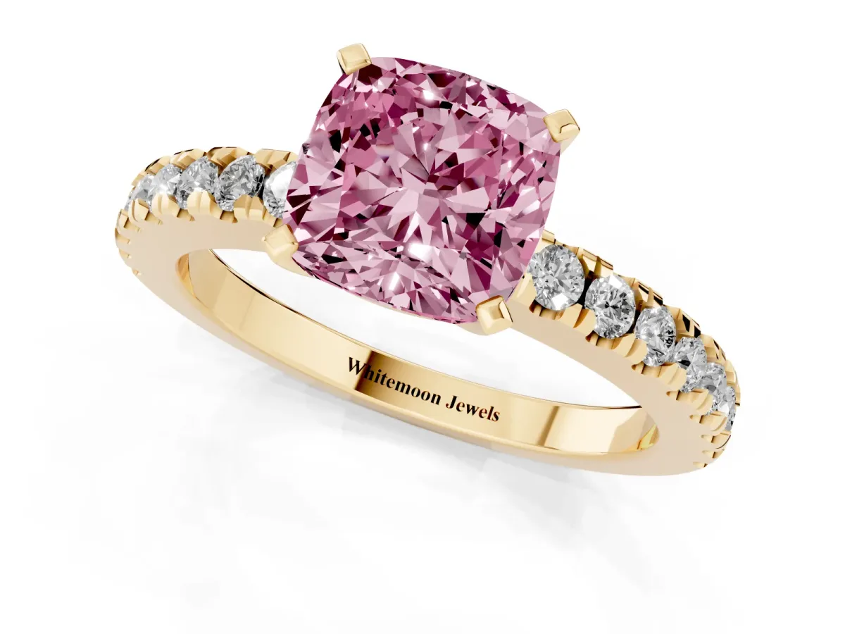 Fancy Pink Cushion Cut Solitaire Diamond with Pavé Band and Four-Prong Setting Yellow gold
