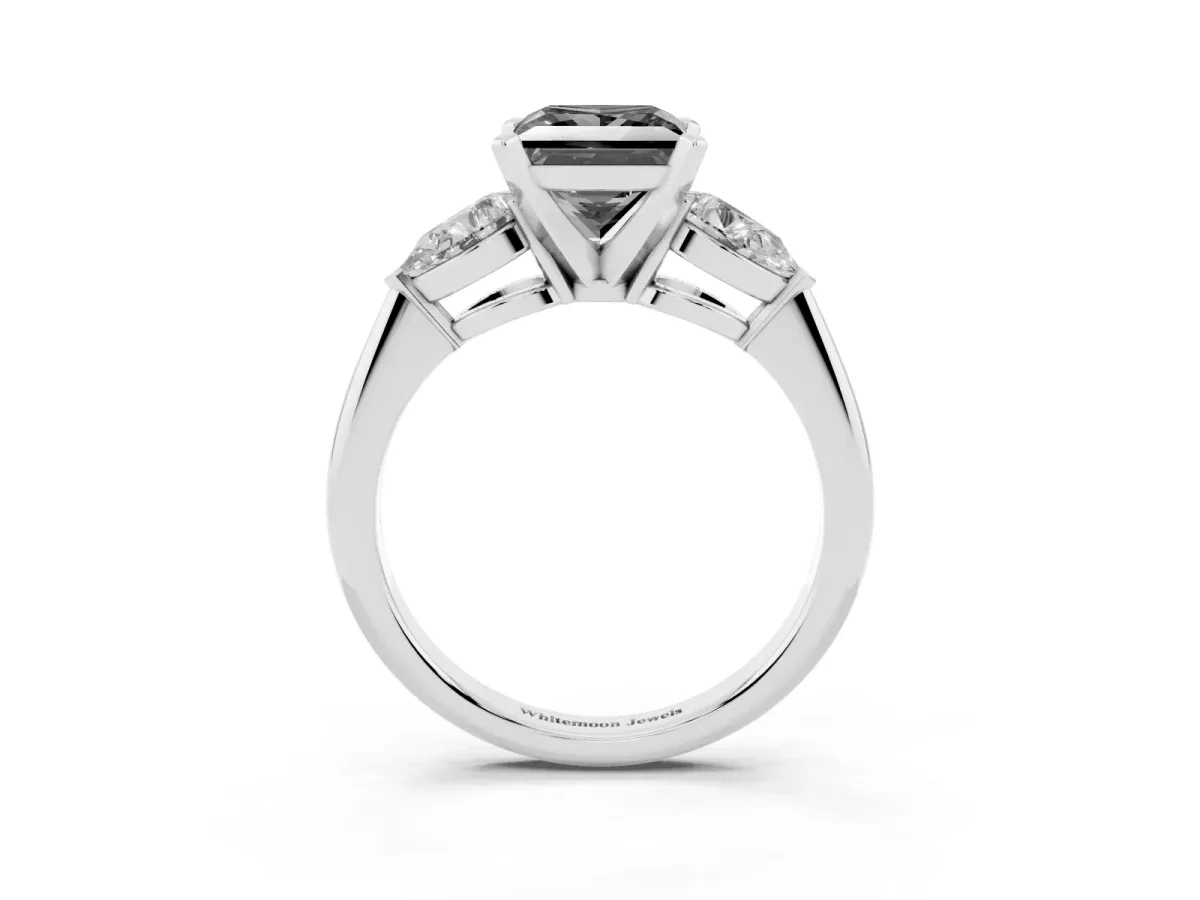 Fancy Black Three-Stone Princess Cut Diamond Ring with Pear Side Stones and Four-Prong Setting Silver