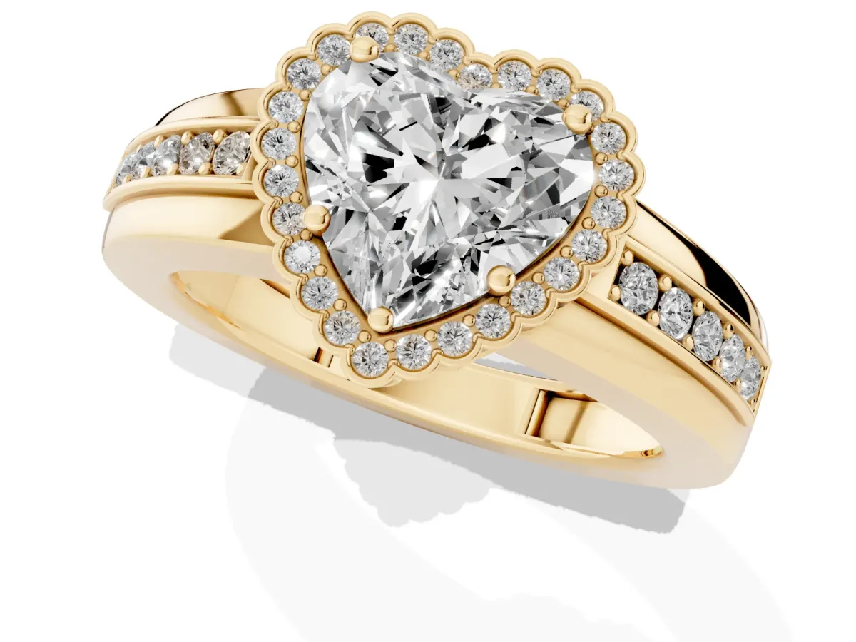Heart Cut Cut Halo Pave Band Four-Prong Ring Yellow gold