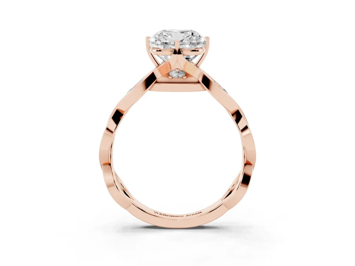 Cushion Cut Solitaire Twist Band with Leaf Prong Setting Rose gold