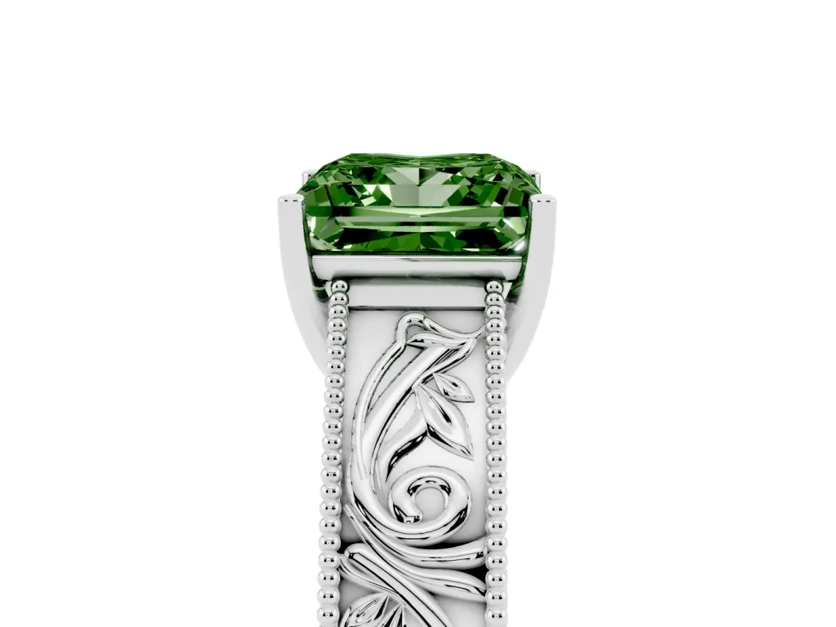 Fancy Green Princess Cut Diamond Solitaire Ring with Engraved Band and Four-Prong Setting Silver