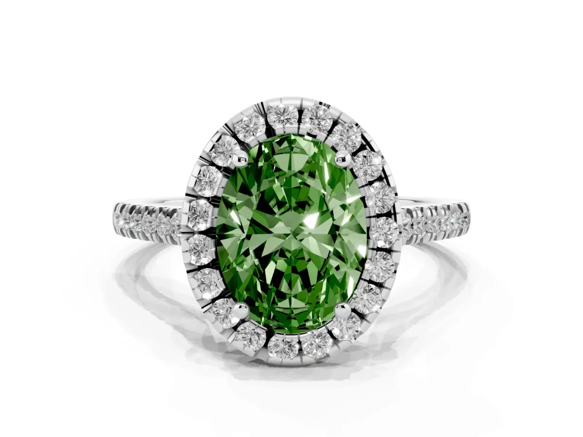 Fancy Green Oval Cut Diamond Cushion Halo Ring with Pavé Band Platinum
