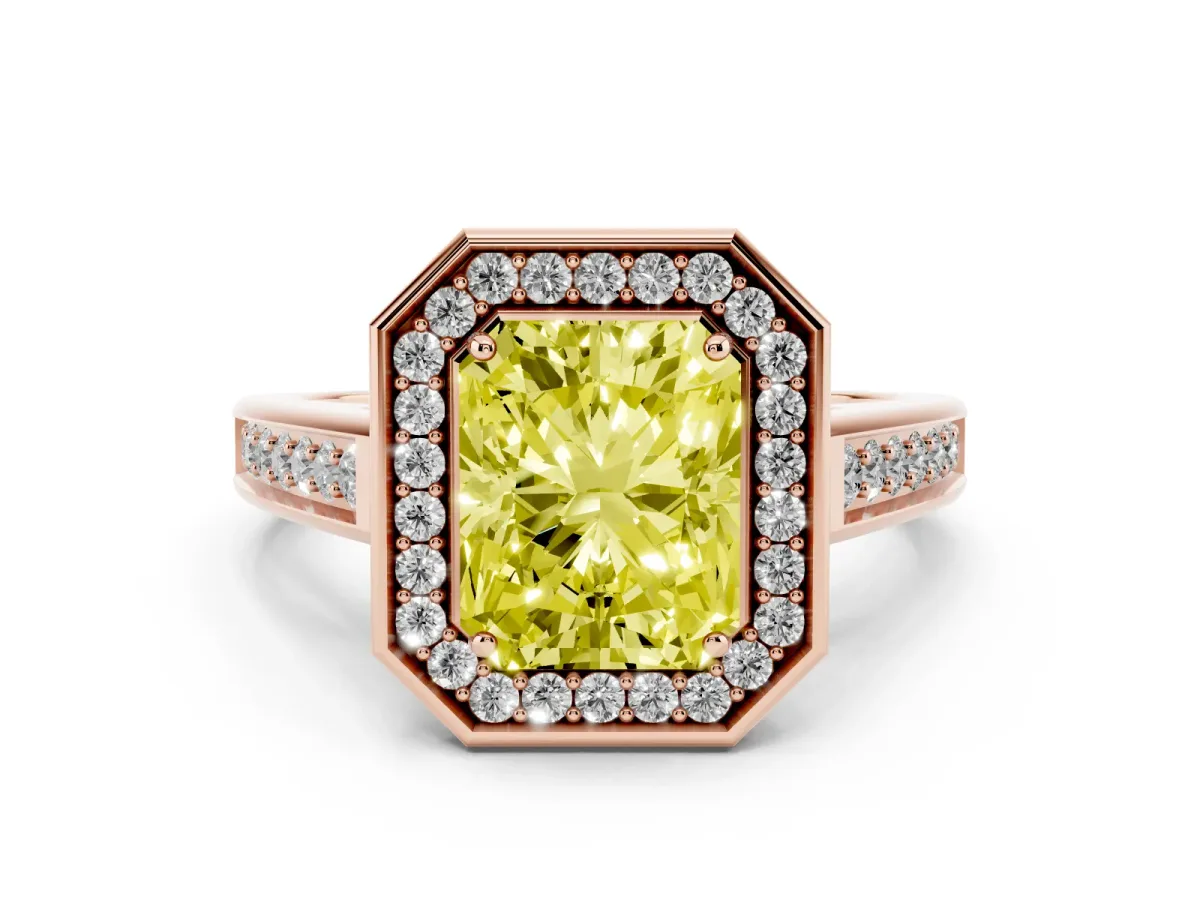 Fancy Yellow Radiant Cut Halo Solitaire Diamond Ring with Pave Band and Bezel Setting Rose gold