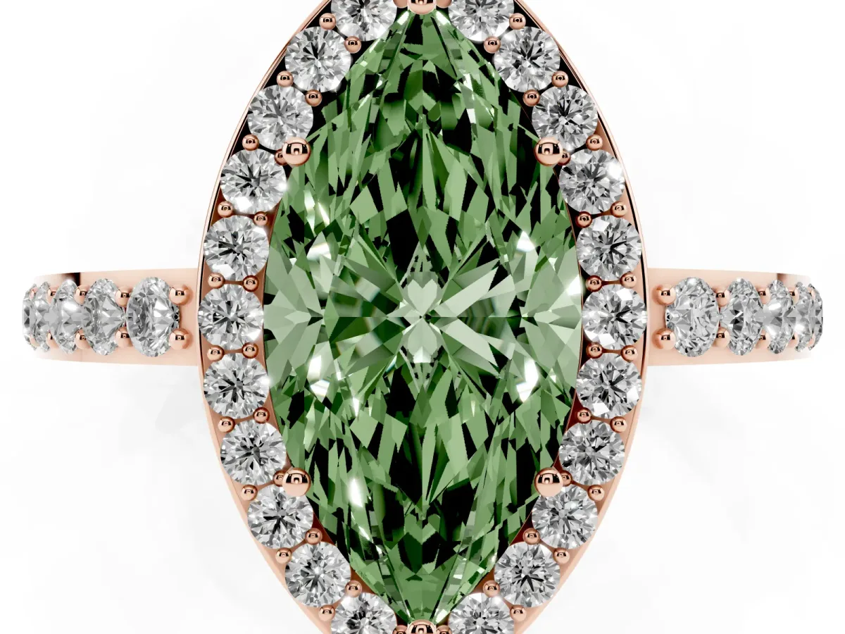 Fancy Green Marquise Cut Halo Diamond Pavé Band Ring with Prong Setting Rose gold