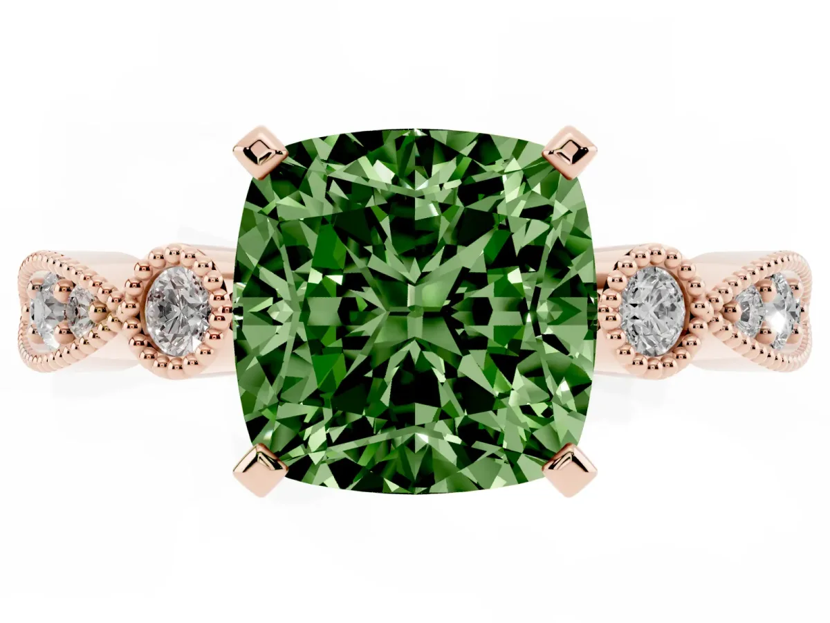Fancy Green Cushion Cut Milgrain Bezel Diamond Engagement Ring with Solitaire Prong Setting Rose gold