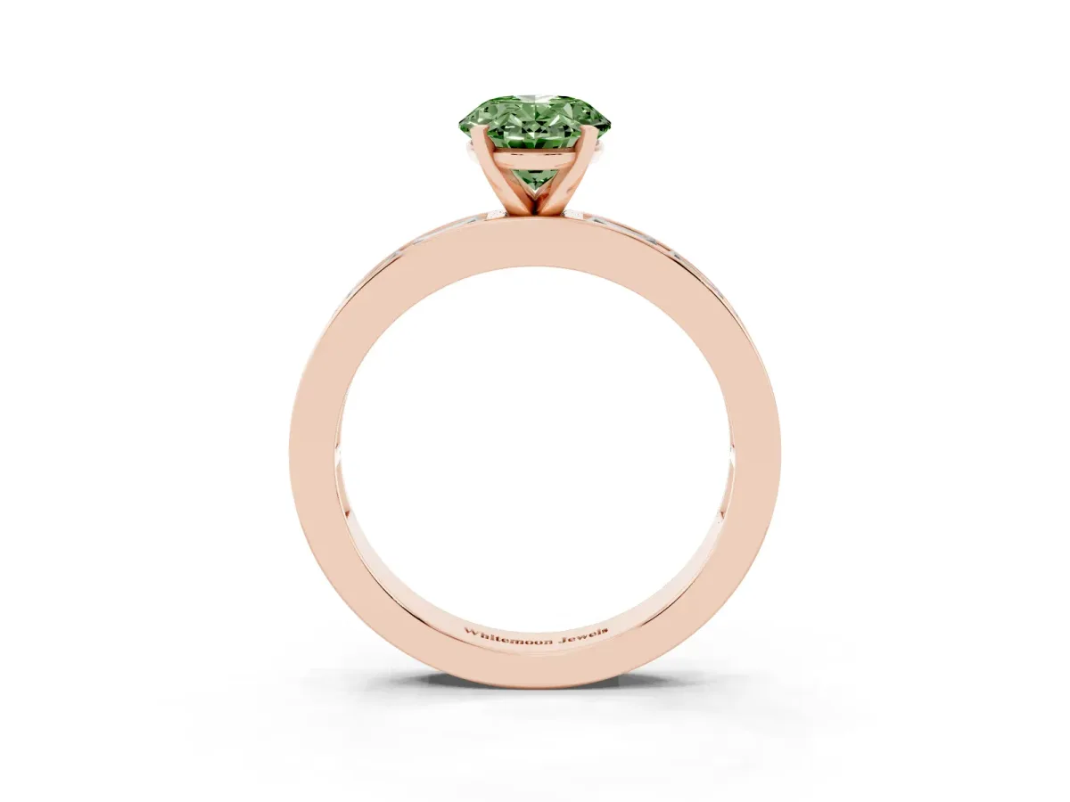 Fancy Green Oval Cut Solitaire Diamond Ring with Channel-Set Baguette Band and Four-Prong Setting Rose gold