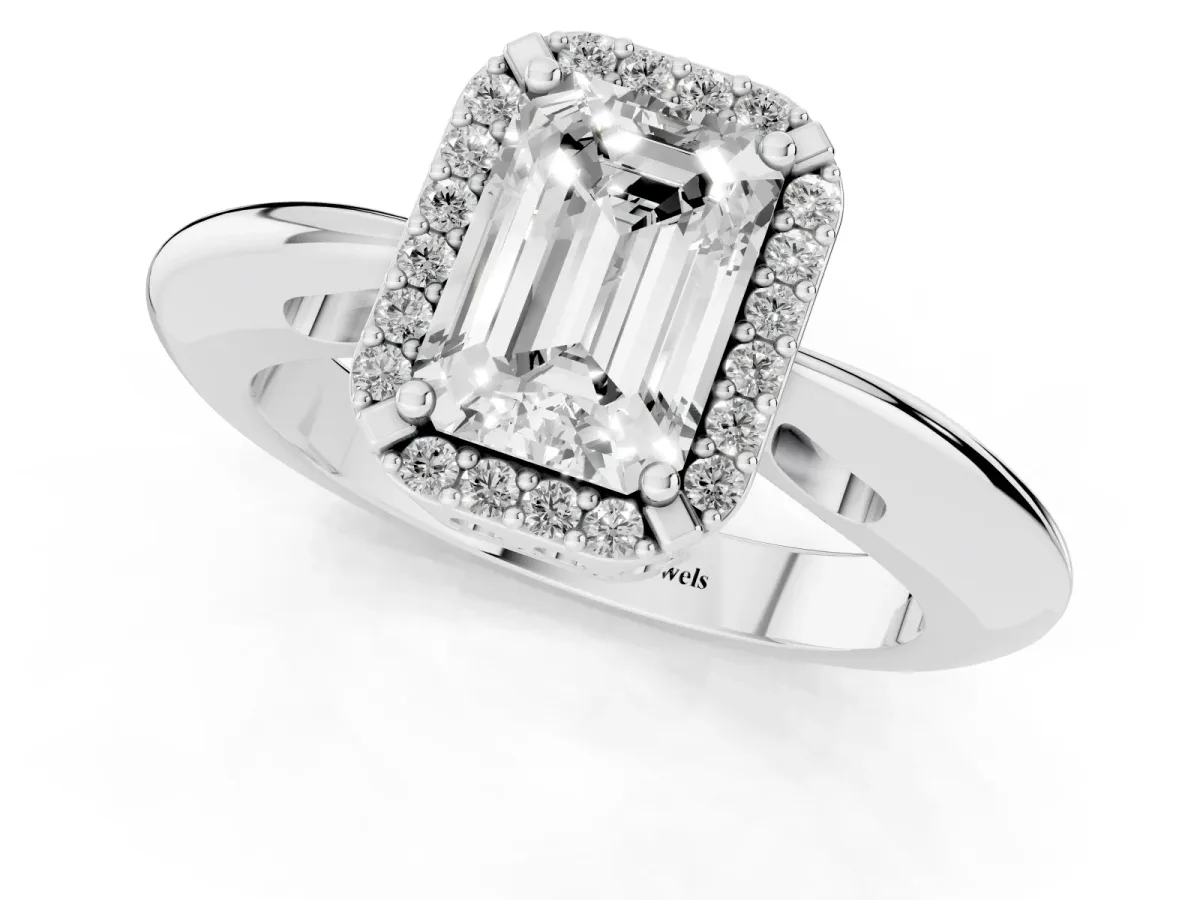 Emerald Cut Cut Diamond Halo Engagement Ring with Split Shank and Four-Prong Setting Silver