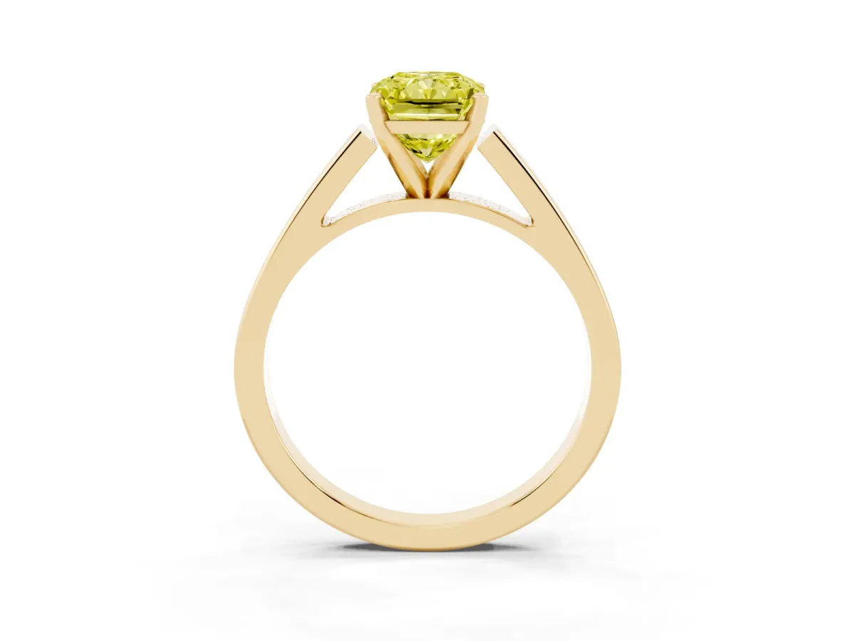 Fancy Yellow Radiant Cut Solitaire Engagement Ring with Four-Prong Setting and Tapered Band Yellow gold