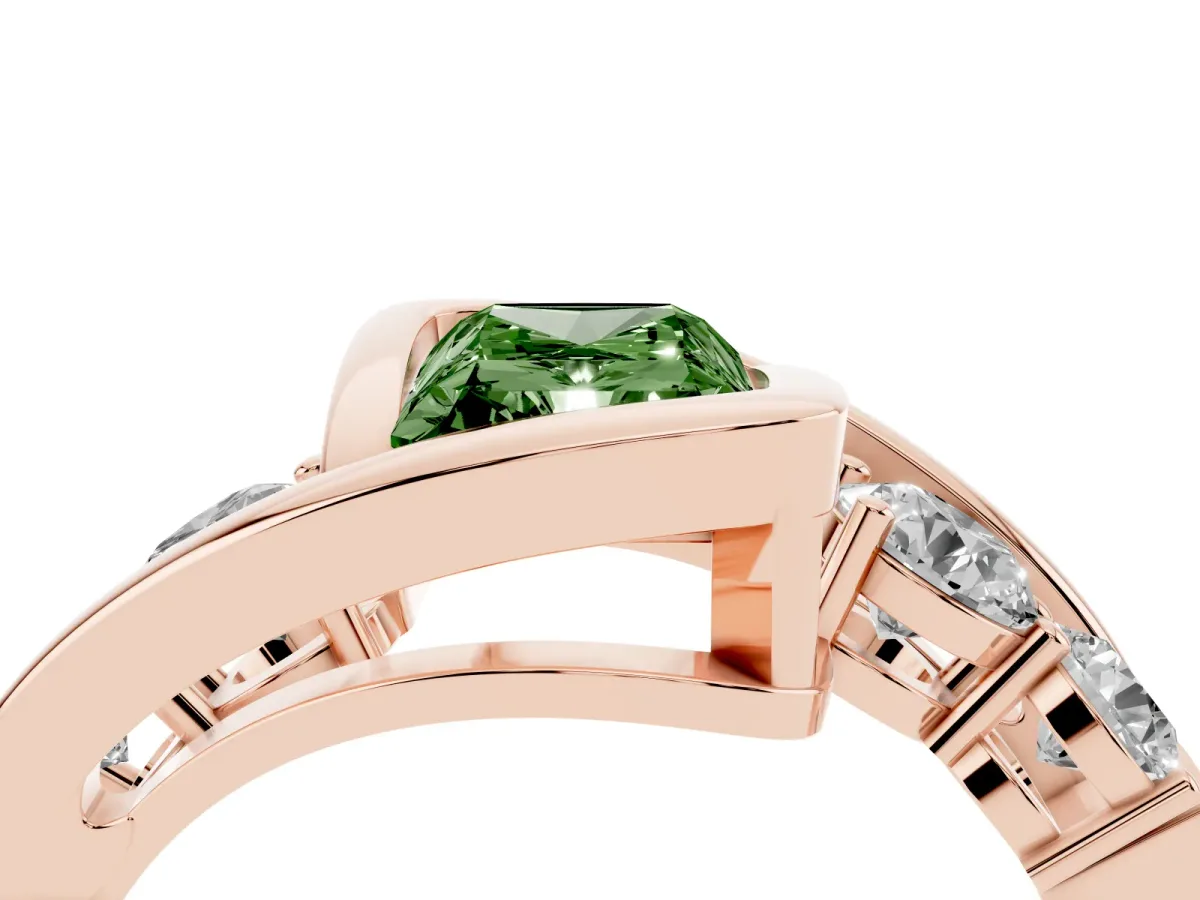 Fancy Green Bezel Set Radiant Cut Diamond Bypass Ring with Round Accents Rose gold