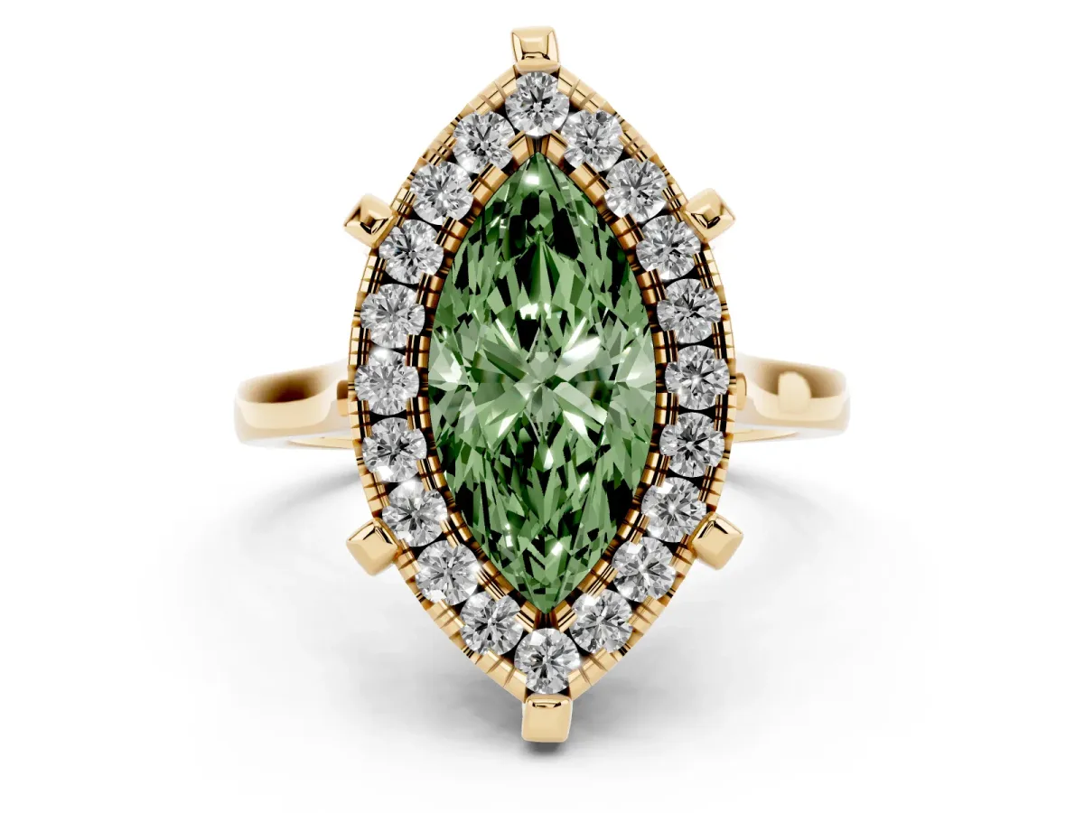 Fancy Green Marquise Cut Diamond Cluster Halo Solitaire with Four-Prong Setting Yellow gold