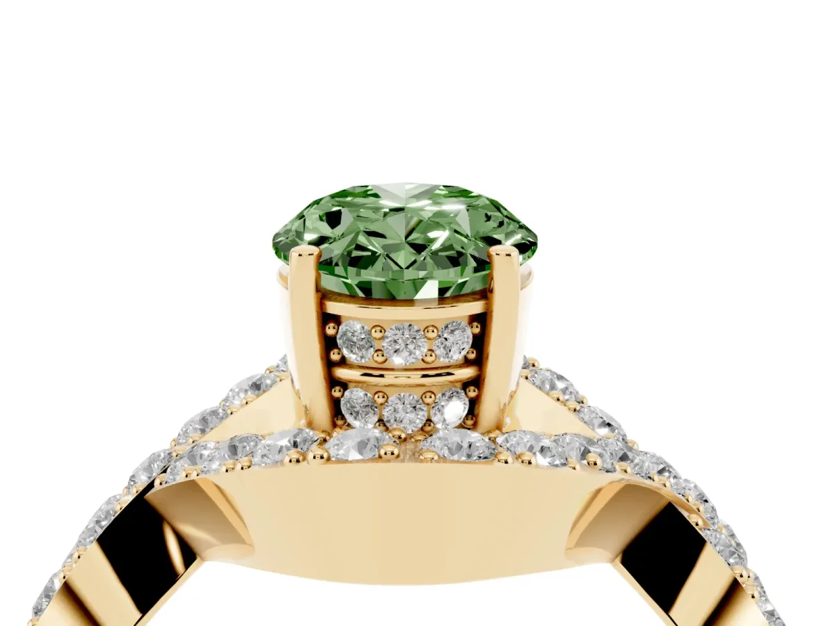 Fancy Green Oval Cut Solitaire Twist Band Pavé Diamond Engagement Ring Yellow gold