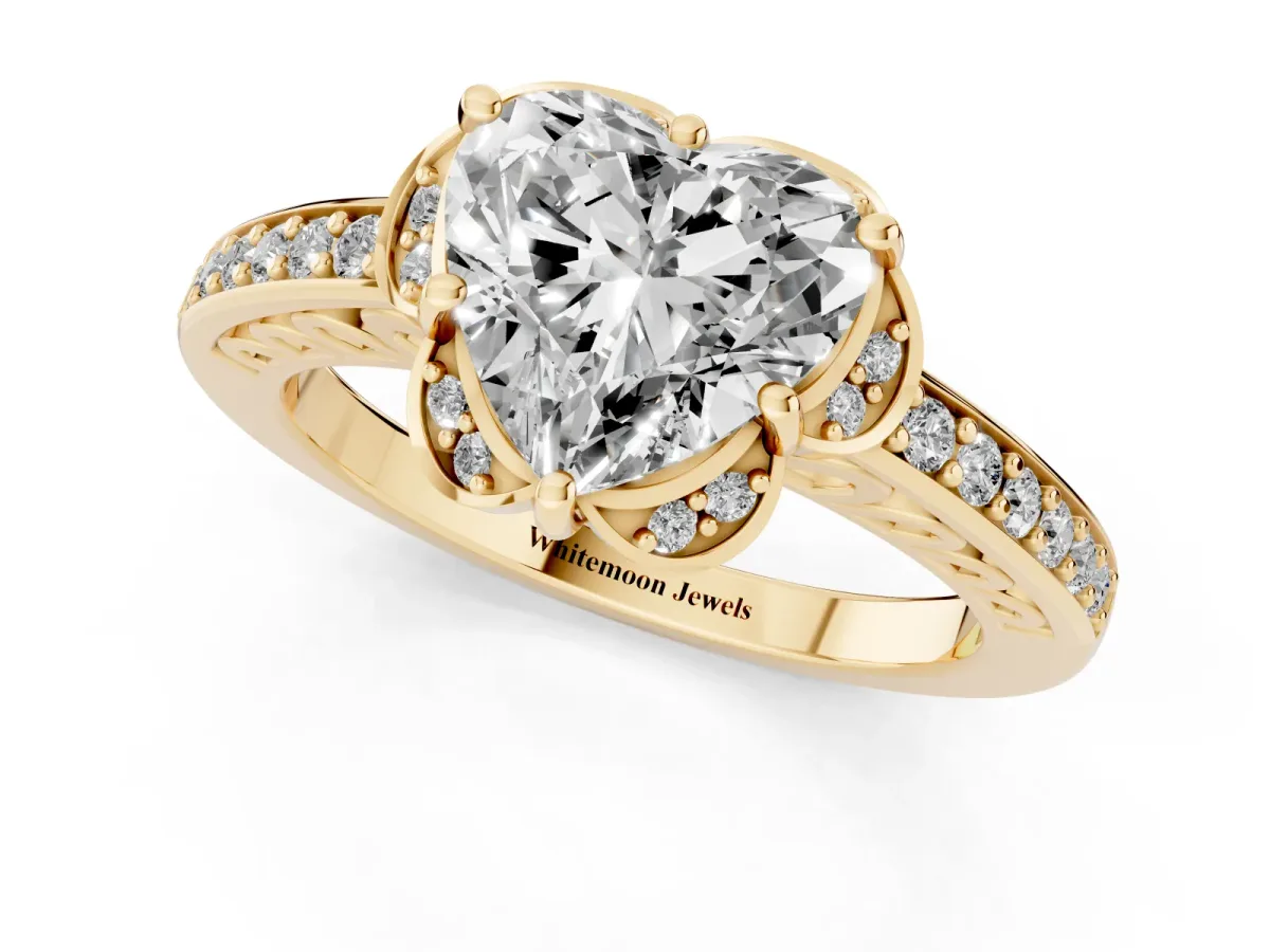 Heart Cut Cut Halo Diamond Ring with Channel Set Band and Four-Prong Setting Yellow gold
