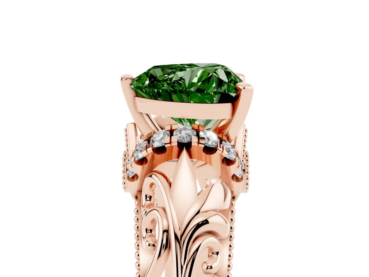 Fancy Green Heart Cut Solitaire Filigree Engagement Ring with Halo and Prong Setting Rose gold