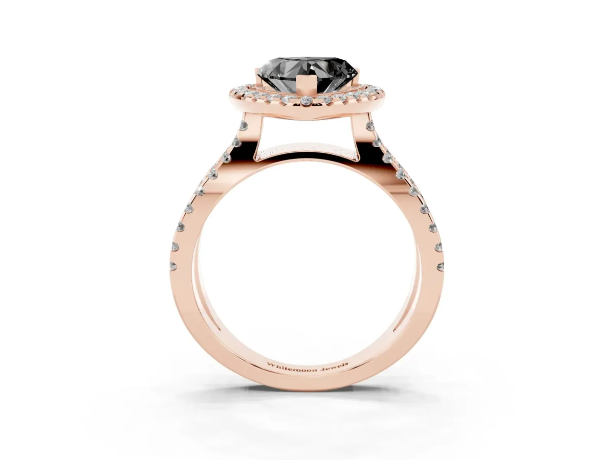 Fancy Black Heart Cut Diamond Halo Ring with Split Shank Pavé Band and Prong Setting Rose gold