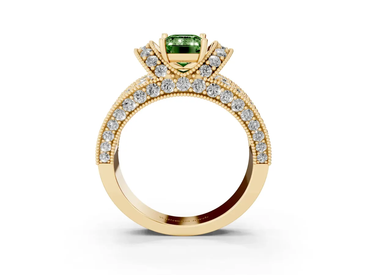 Fancy Green Emerald Cut Halo Pave Diamond Engagement Ring with Milgrain Detailing Yellow gold
