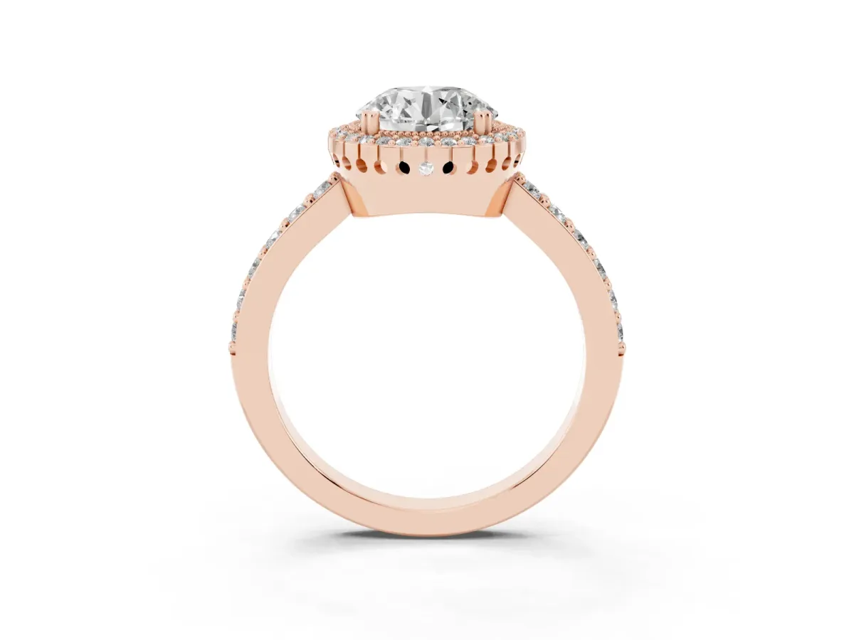 Round Cut Cut Diamond Halo Engagement Ring with Milgrain Detail and Pavé Band Rose gold