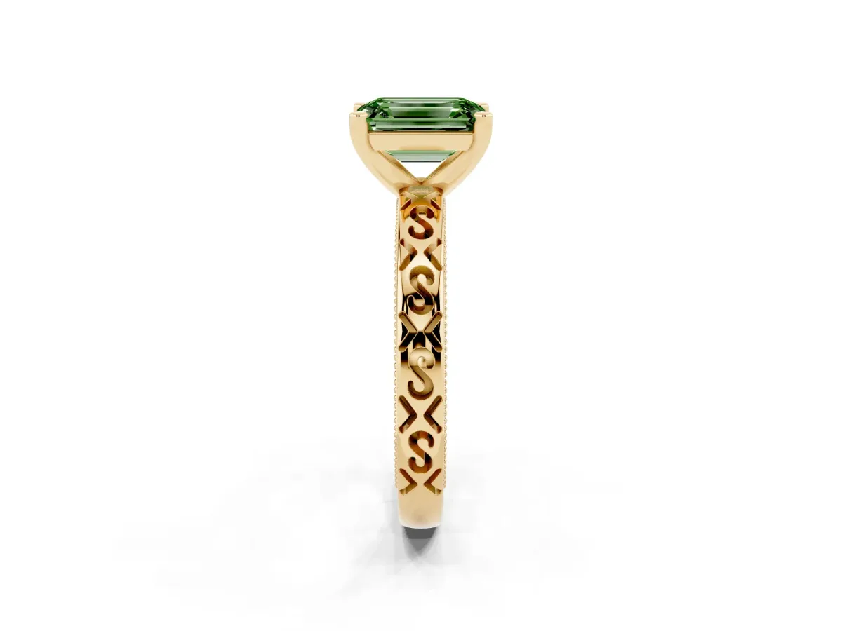 Fancy Green Emerald Cut Solitaire Engagement Ring with Scrollwork Band and Four-Prong Setting Yellow gold