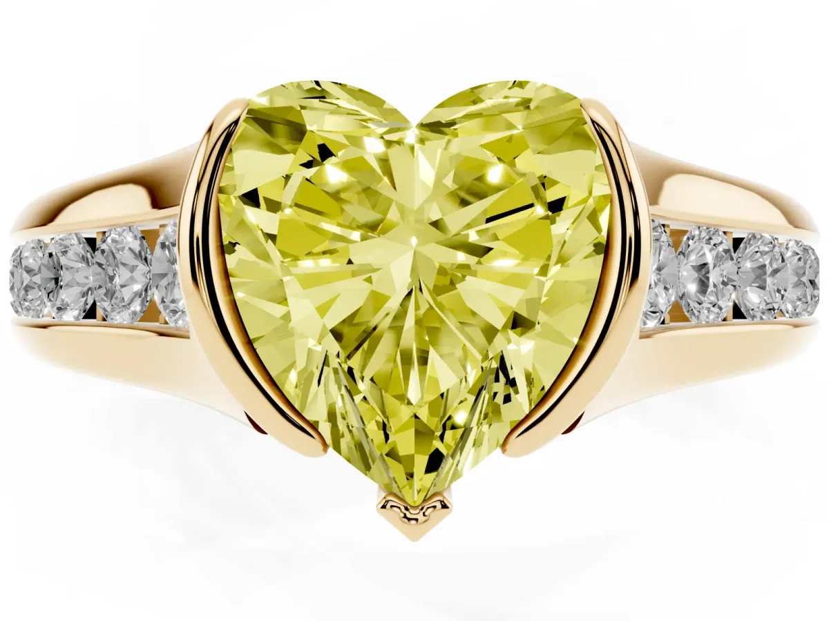Fancy Yellow Heart Cut Solitaire Bezel-Set Diamond Ring with Channel-Set Band Yellow gold