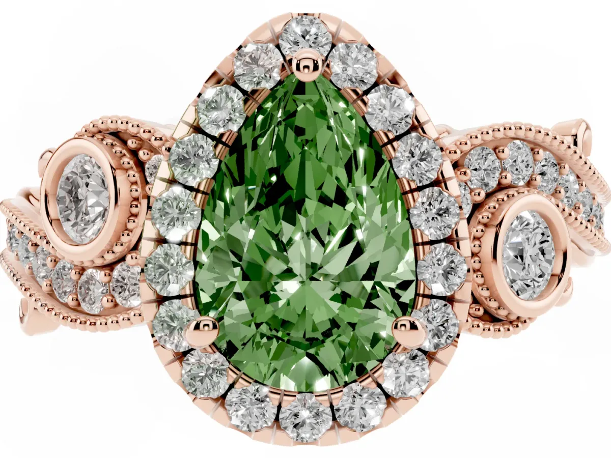 Fancy Green Pear Cut Diamond Halo Ring with Milgrain Pavé Band and Four-Prong Setting Rose gold