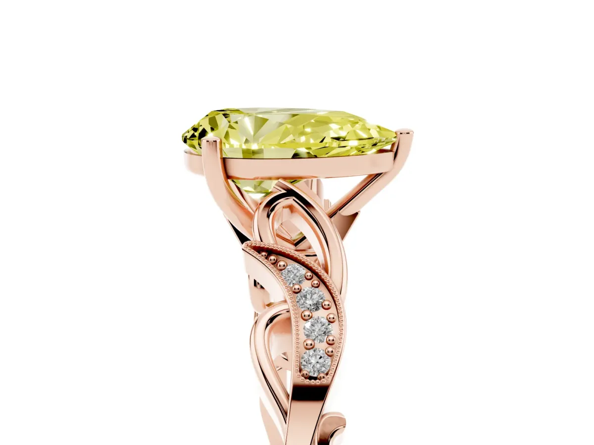 Fancy Yellow Pear Cut Solitaire Vine Band with Milgrain Prong Setting Rose gold