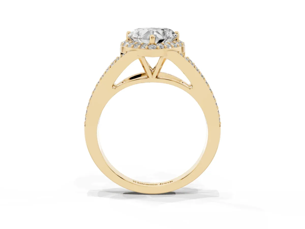 Heart Cut Halo Split Shank Pave Diamond Ring with Four-Prong Setting Yellow gold