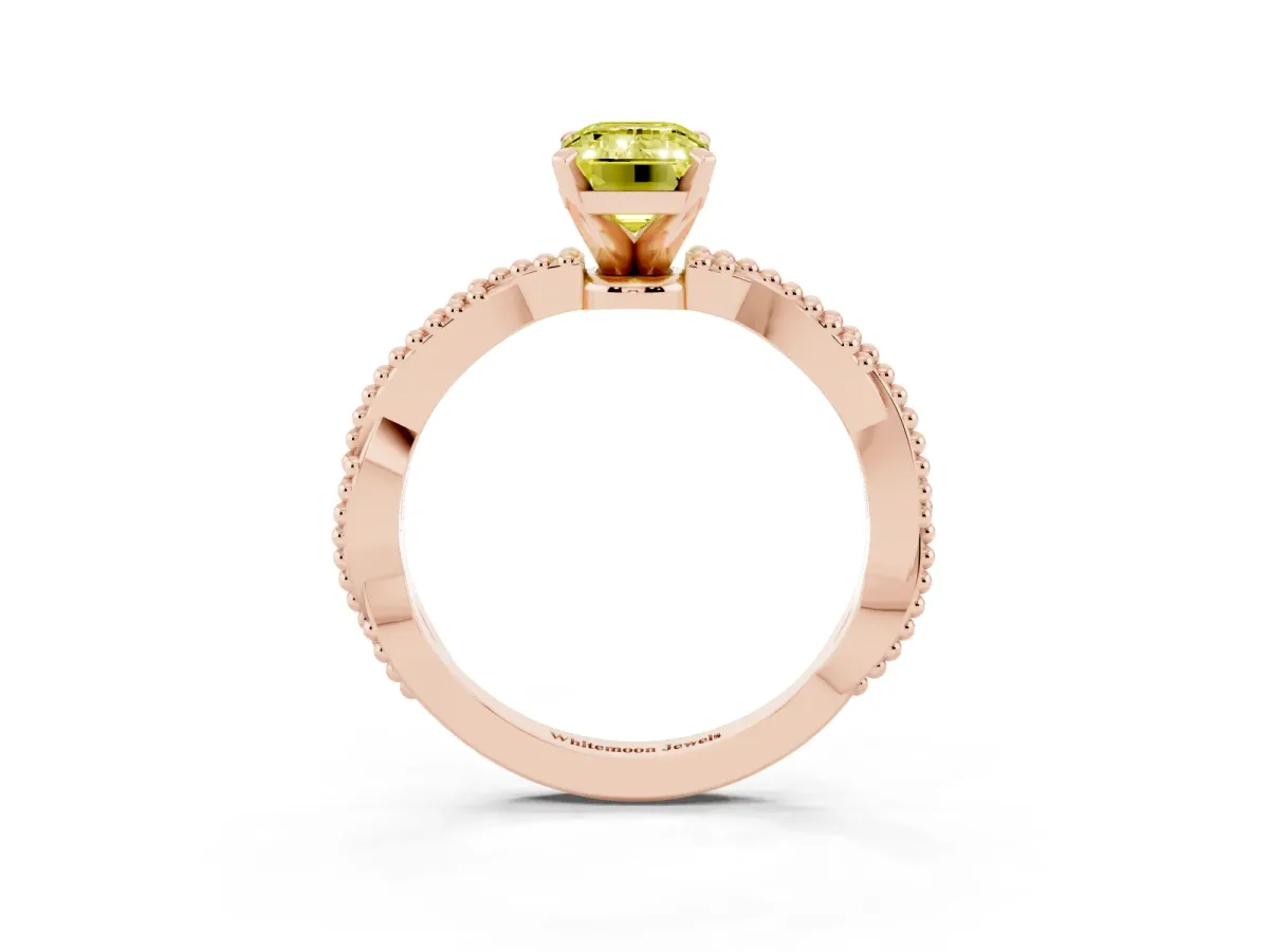 Fancy Yellow Emerald Cut Solitaire Twisted Band with Bead Prong Setting Rose gold