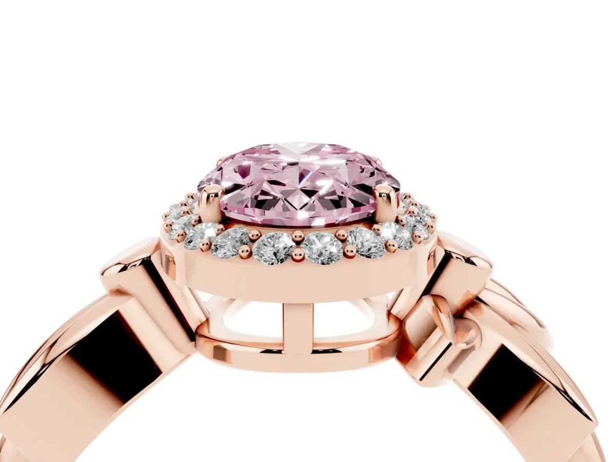 Fancy Pink Oval Cut Halo Diamond Floral Band with Four-Prong Setting Rose gold