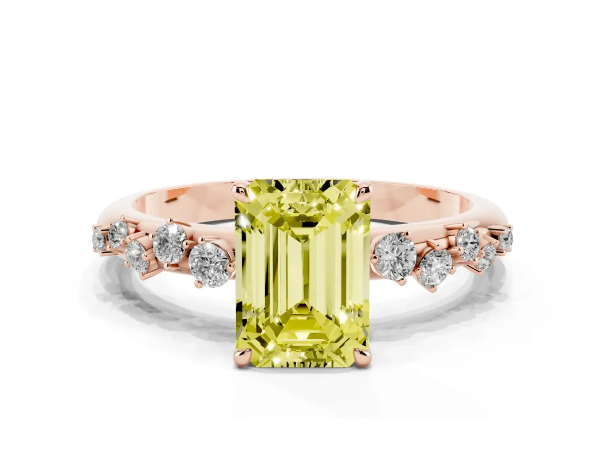 Fancy Yellow Emerald Cut Diamond Cluster Prong-Set Solitaire Ring Rose gold
