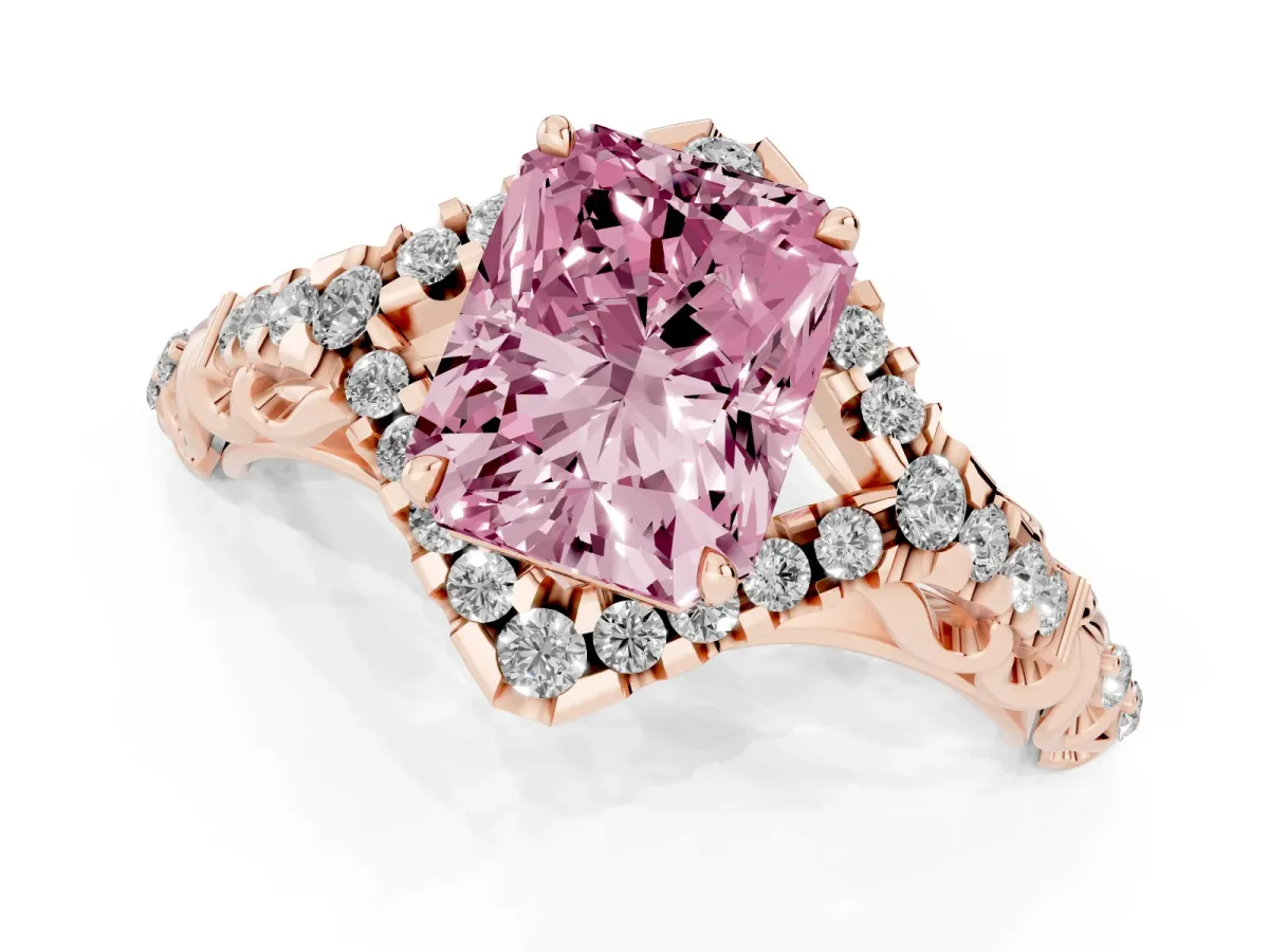 Fancy Pink Radiant Cut Diamond Solitaire Ring with Hidden Halo and Pavé Band Rose gold