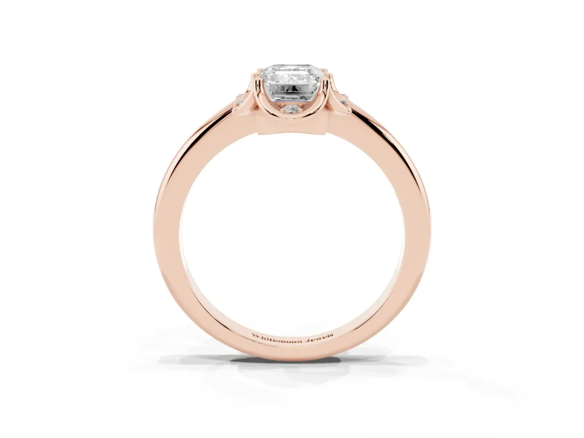 Emerald Cut Halo Diamond Ring with Round Cluster Setting, Solitaire Band, and Four-Prong Setting Rose gold