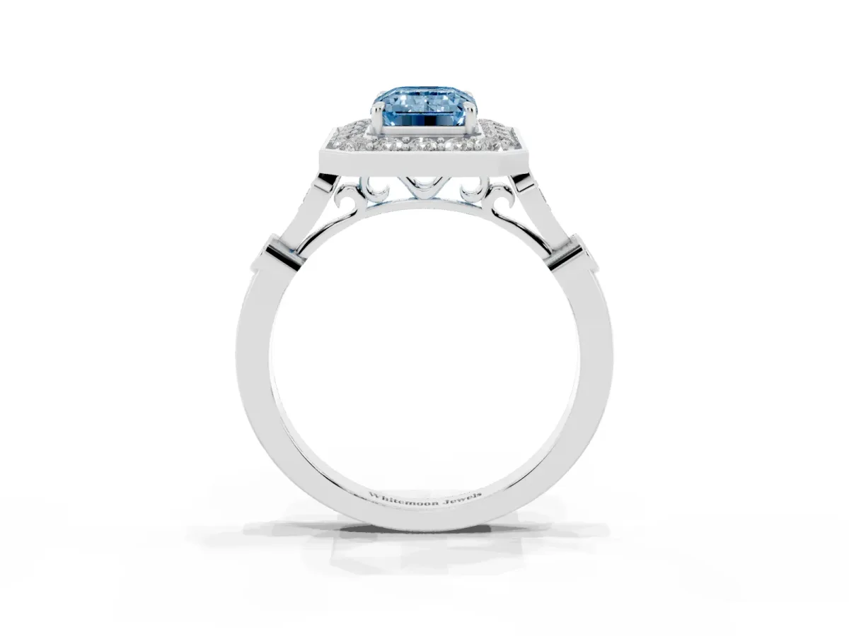 Fancy Blue Emerald Cut Halo Diamond Engagement Ring with Twisted Band and Four-Prong Setting Silver