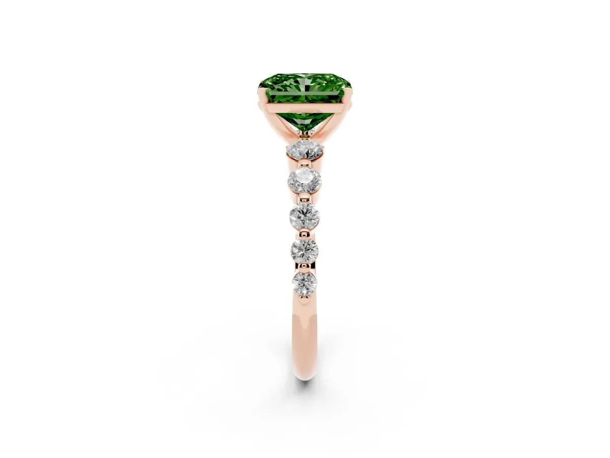 Fancy Green Radiant Cut Solitaire Diamond Ring with Pave Band and Four-Prong Setting Rose gold