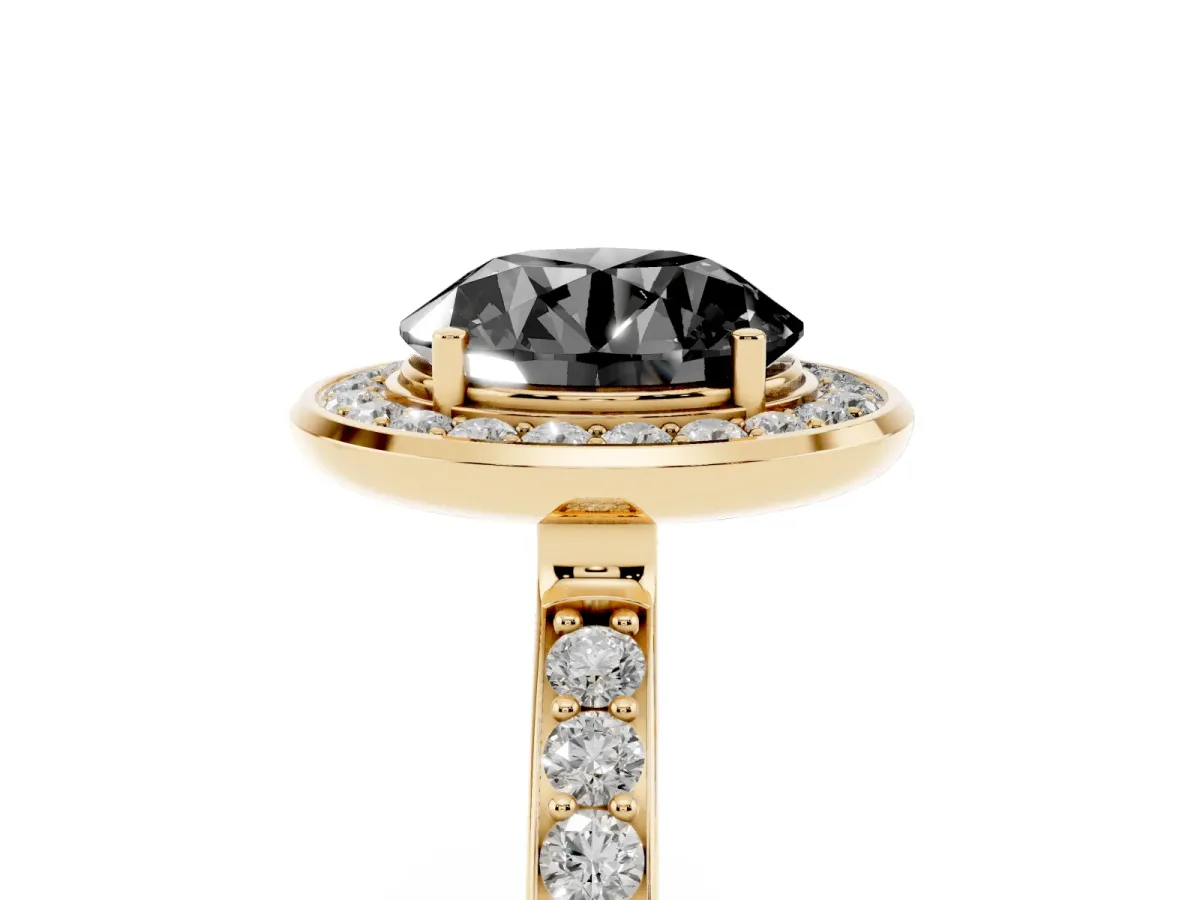 Fancy Black Round Cut Diamond Halo Ring with Bezel Frame and Pavé Band Yellow gold