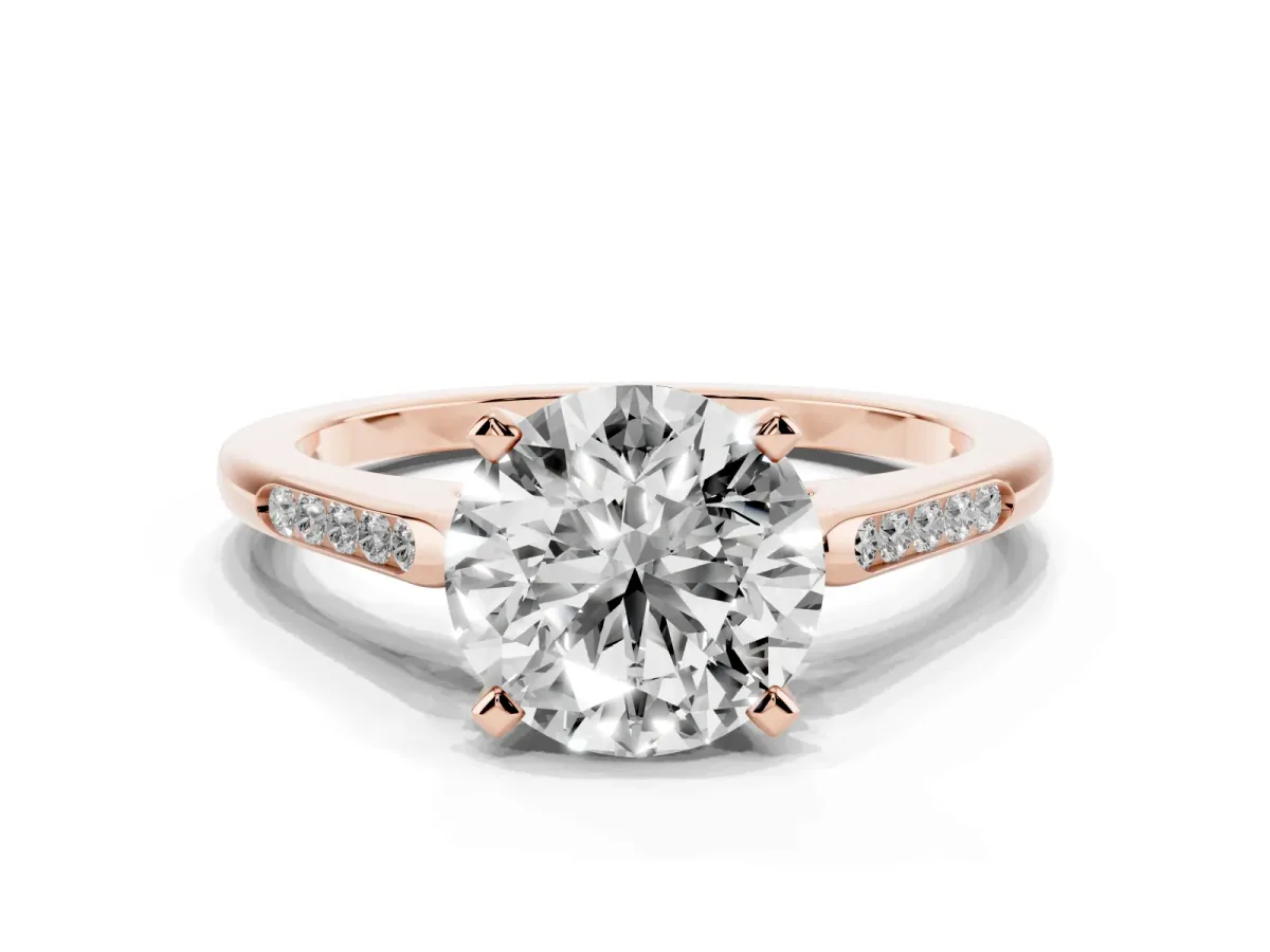 Round Cut Diamond Solitaire Ring with Channel Set Round Band and Prong Setting Rose gold